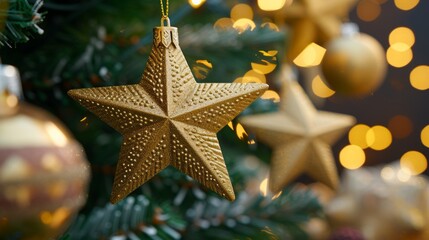 A golden Christmas star ornament hanging on a Christmas tree with blurred lights in the background