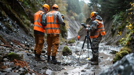 Geological engineers in reflective vests conducting fieldwork at a landslide site, mapping the affected area. - obrazy, fototapety, plakaty