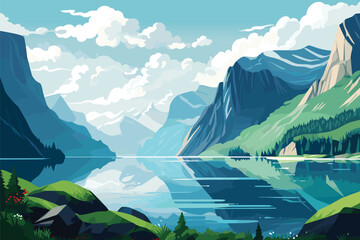 Panorama fjord landscape in Norway. Vector color illustration - obrazy, fototapety, plakaty