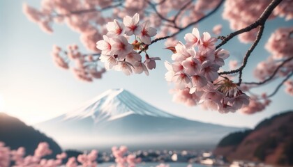 Cherry Blossoms in Full Bloom with Mount Fuji in the Background, Springtime in Japan