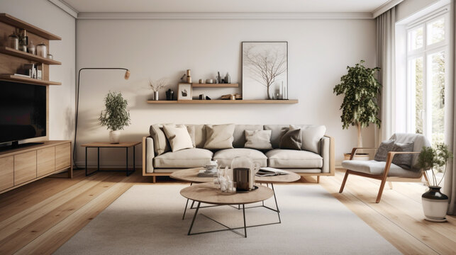 A modern living room with a touch of Scandinavian charm, featuring a combination of sleek furniture and natural elements for a balanced design