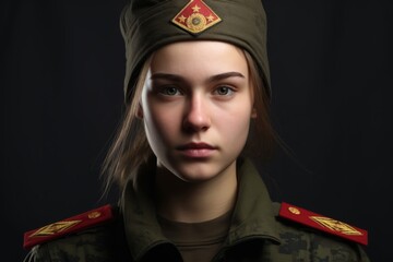 Portrait of a young female soldier in a green uniform with a red star on her hat