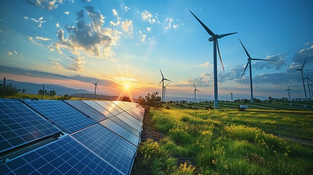 Sunset view over a field of renewable energy sources featuring wind turbines and solar panels amidst natural scenery.