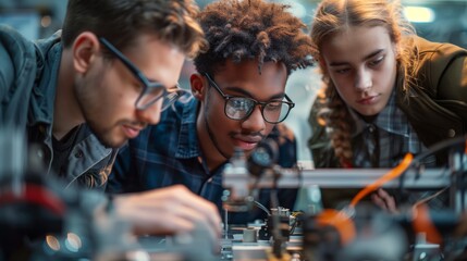 Young students are actively engaged in building and programming robotics projects in an engineering education classroom.