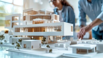 Team of architects intensely discussing a highly detailed architectural model of a building complex in a design studio.