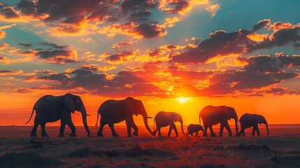 Silhouetted elephants traverse the plains against a fiery orange sunset sky in Africa, embodying wild nature's beauty.