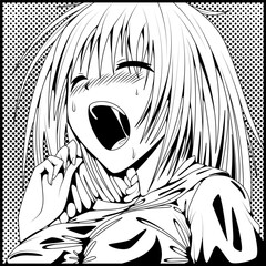 Black vector art, girl ahegao face emotion, illustration manga style. Hand-drawn art for t-shirts, helmets, cars, and wallpapers. concept graphic design element. Isolated on white background
