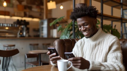 Fototapeta na wymiar Smiling man using two smartphones in a cafe