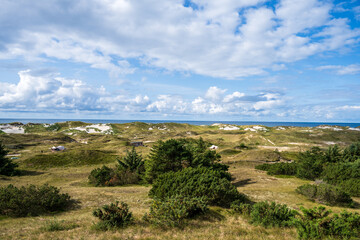 Insel Amrum die Dünen im Bereich des Leuchtturmes können zum Campen genutzt werden, am Horizont die Nordsee - 739361999