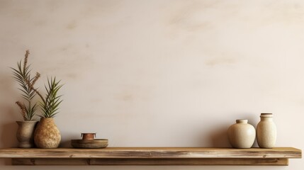 Wooden shelf with ceramic vases and a plant against a beige wall with copy space, mock up voor painting, free wall