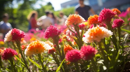 People walking in a garden full of colorful flowers