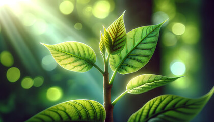 Young plant leaves illuminated by soft sunlight, revealing intricate patterns of veining and the vibrant interplay of light and shadow in a natural environment.Spring is a concept of renewal.AI genera - obrazy, fototapety, plakaty