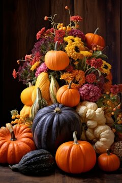 A beautiful still life of pumpkins and flowers