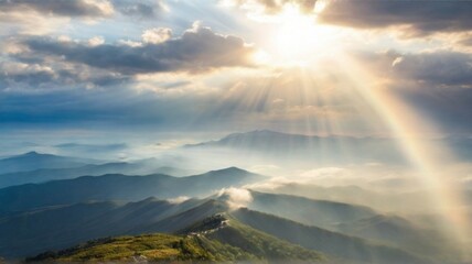 The background of sun rays over clouds. The sun rays break over the clouds,sun rays and clouds ,Sun Rays Behind the Clouds .Bright Sky