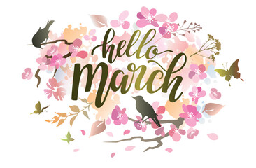 Obraz premium Hello March floral banner with lettering, flowers, birds and butterflies.