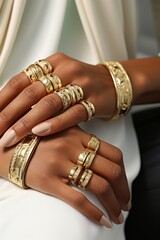A model is wearing a lot of gold jewelry including rings and bracelets.