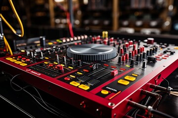 Red and black DJ controller with a turntable