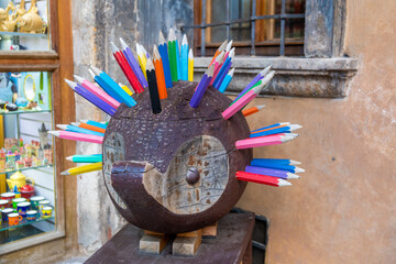 Colorful Pencil Sculpture Display in Prague Art Shop