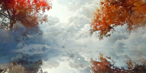 Reflected sky and trees landscape, ai generated.