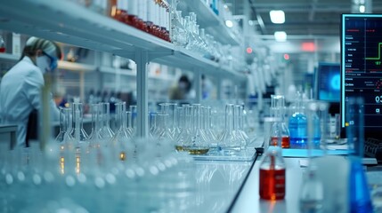 Scientists work in a modern laboratory with glass beakers and a computer