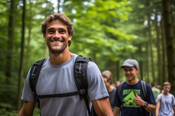 Naklejka na ściany i meble Happy man hiking in the woods with friends
