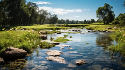 stones in a river flowing through a green field
