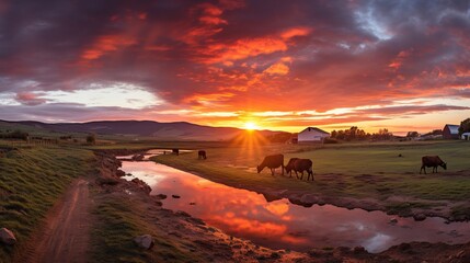 Cows grazing in a pasture at sunset