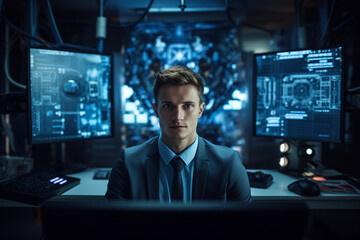 Created with generative AI picture of confident office worker IT specialist system administrator manager