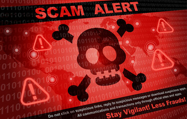 Scam Alert Background. Hacker and Cyber criminals phishing stealing private personal data, user login, password, bank account, money, credit card detail - obrazy, fototapety, plakaty