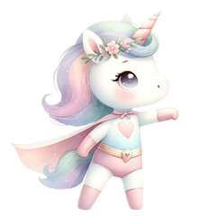 Watercolor Unicorn Clipart with Superhero Cape Flying on a Transparent Background