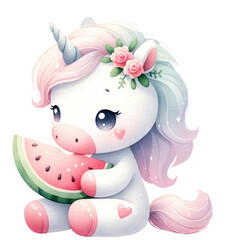 Watercolor Unicorn Clipart Eating Watermelon on a Transparent Background