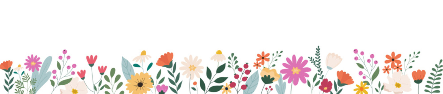 Horizontal white banner or background with beautiful colorful flowers and leaves. Spring botanical flat vector illustration on white background for wallpapers, banners, flyers, invitations, posters