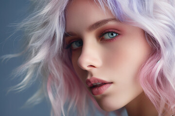 Fototapeta premium Young woman with punkish pastel white, violet and pink hair in front of studio background