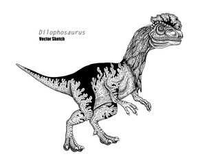 Dilophosaurus. Dinosaur sketch drawing. Black and white. Hand drawn vector art. line art - 739365145