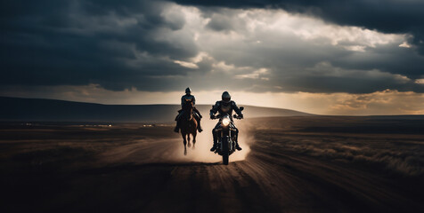 motorcyclist knight in armor on a motorcycle, concept of technical progress and masculinity. - obrazy, fototapety, plakaty