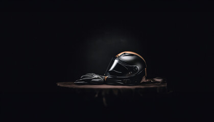 motorcyclist safety concept, helmet equipment on a dark background