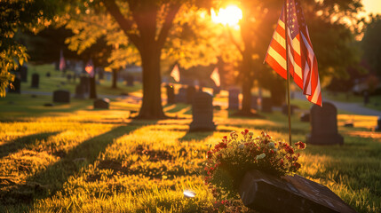 American flags placed at military graves, solemn and respectful, Memorial Day tribute to fallen soldiers, serene cemetery landscape - obrazy, fototapety, plakaty