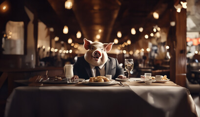fat pig in a business suit eats at a table in a restaurant, overeating gluttony concept