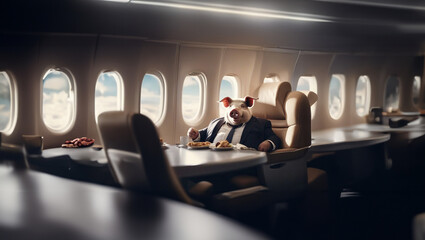 concept of super rich people, overeating obesity and wealth, pig eating on a business class plane