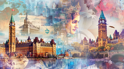 Historic Canadian landmarks and symbols, collage style, with Victoria Day greetings, celebrating Canadian heritage and monarchy