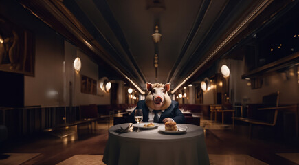 fat pig in a business suit eats at a table in a restaurant, overeating gluttony concept