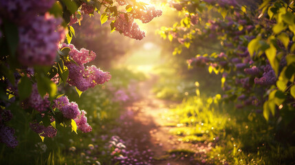 Serene path winding through a lilac grove, sunlight filtering through the blooms, peaceful and inviting, perfect for a Lilac Sunday stroll