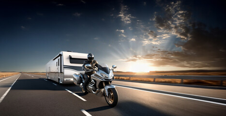 motorcycle with camper trailer on the highway, motorcycle travel concept