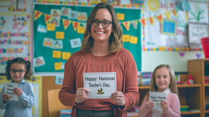Heartwarming classroom scene with students holding thank you cards, teacher smiling, decorations saying "Happy National Teacher's Day," a tribute to educators