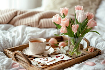 Warm and cozy breakfast tray on a bed, surrounded by handmade Mother's Day cards and fresh flowers, symbolizing love and appreciation - Powered by Adobe