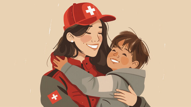Illustration of a Red Cross volunteer helping a child, warm and hopeful, representing the spirit of care and assistance on World Red Cross Day