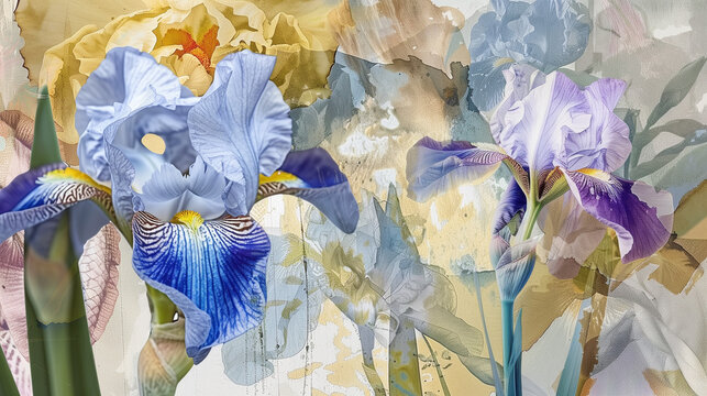 Digital collage for Iris Day, featuring iris flowers in art and nature, historical botanical illustrations, and modern photography, educational and decorative