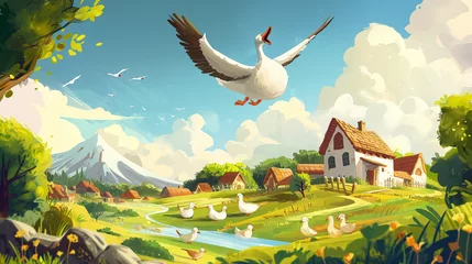 Fotobehang Whimsical illustration of Mother Goose flying over a storybook landscape, classic nursery rhymes characters below, celebrating Mother Goose Day © Nii_Anna