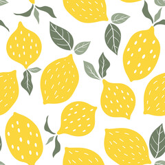 Seamless pattern lemon. Slices of citrus and leaf on color background. Vector illustration.