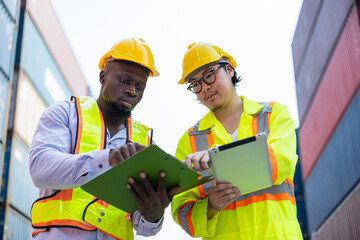 Asian and black engineers check cargo at shipping container